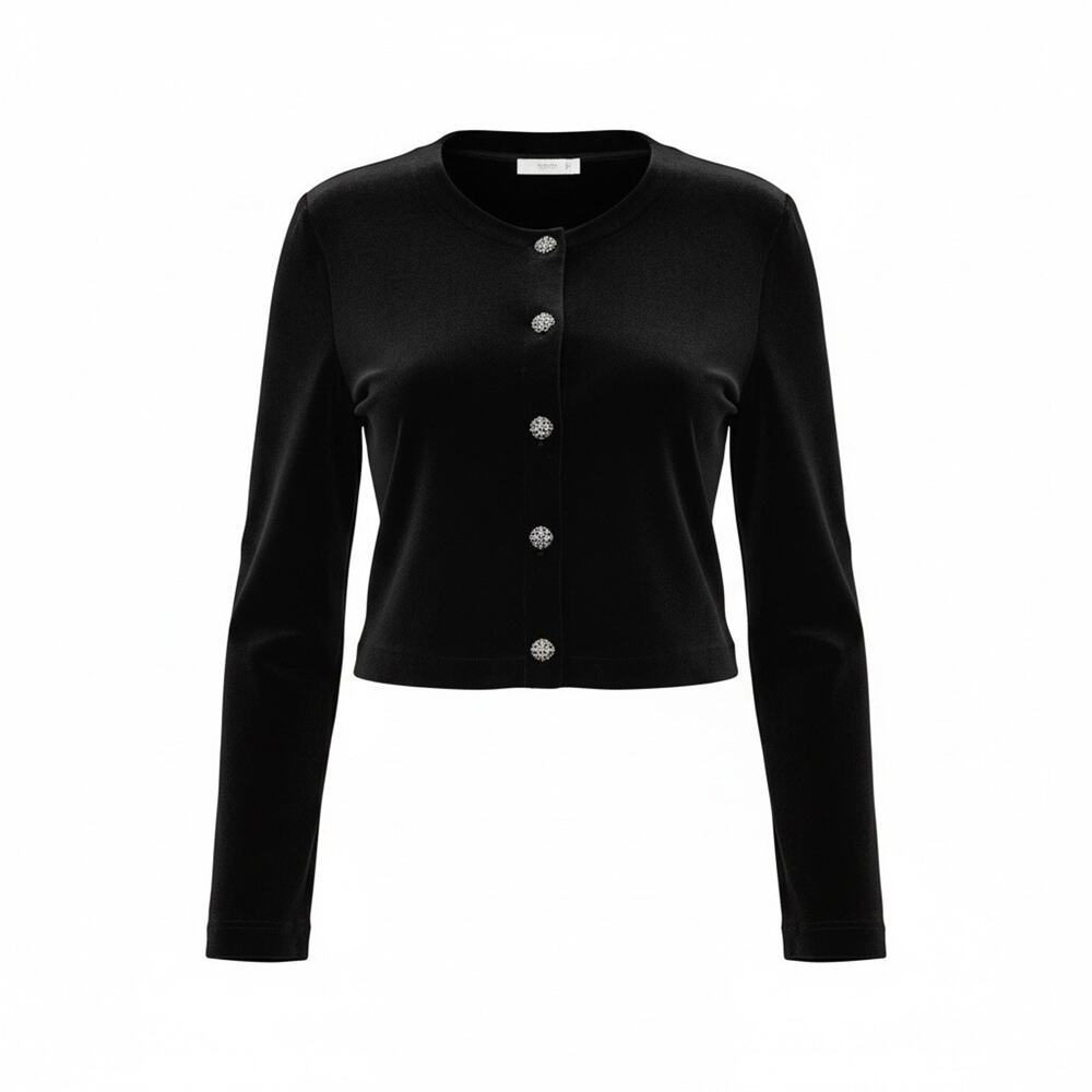 Worthington Cropped Black Velveteen Blazer Cardigan with Decorative Buttons 10P